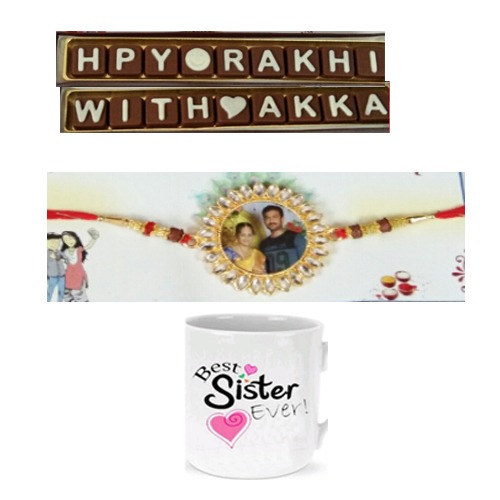 Photo Rakhi with Homemade chocolate and best sister mug