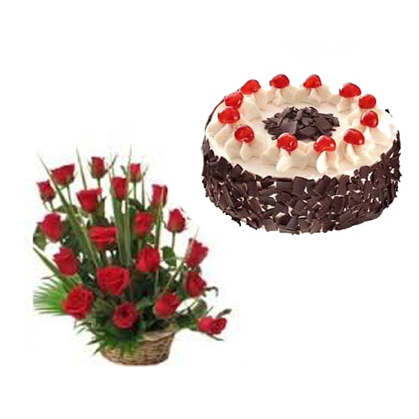 Red flower basket with tasty cake